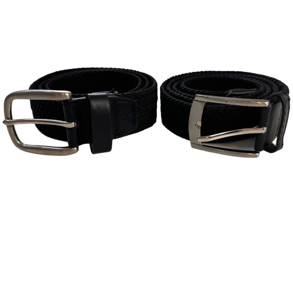 Izod Belt Mens Small 30 32 Black Leather Woven Silver Hardware Business Casual